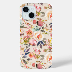 Rustiek modern ivoor roze bruine waterverf bloemen iPhone 15 case