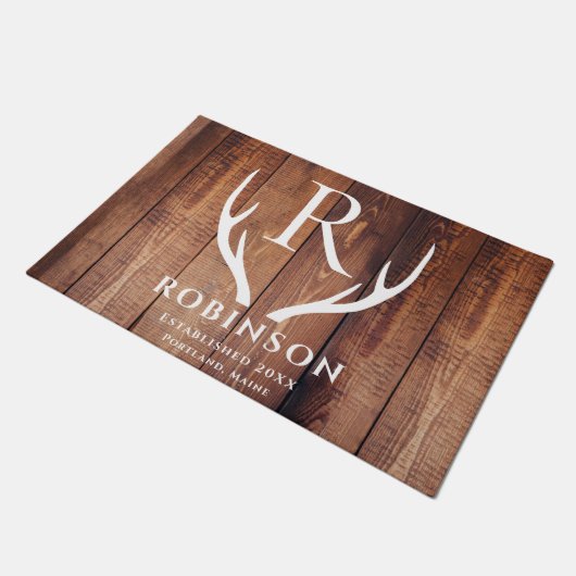 Rustiek Modern Monogrammed Deer Antlers Houten Pla Deurmat (Schuin)