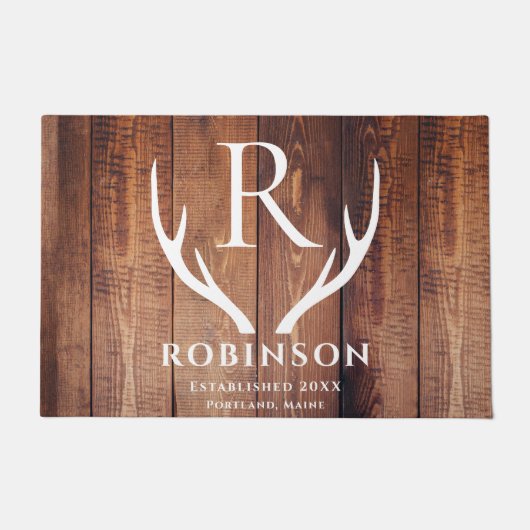 Rustiek Modern Monogrammed Deer Antlers Houten Pla Deurmat (Voorkant)