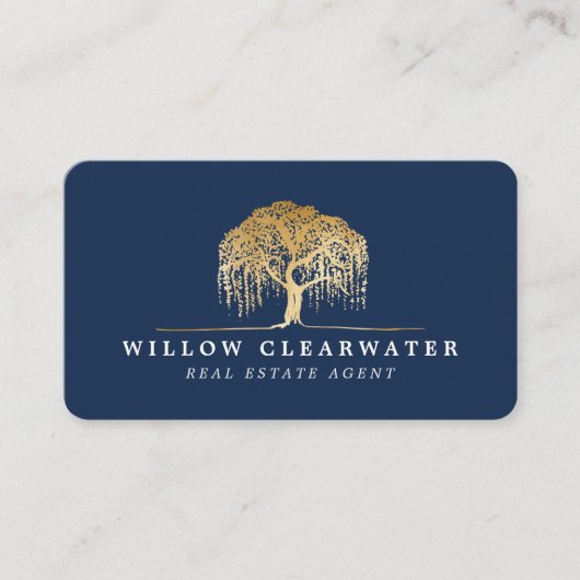 Rustiek Modern Navy & Gold Willow Tree Logo Visitekaartje (Voorkant)