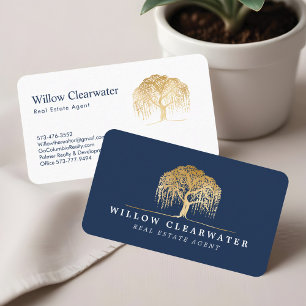 Rustiek Modern Navy & Gold Willow Tree Logo Visitekaartje