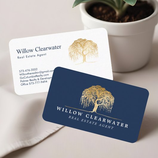 Rustiek Modern Navy & Gold Willow Tree Logo Visitekaartje