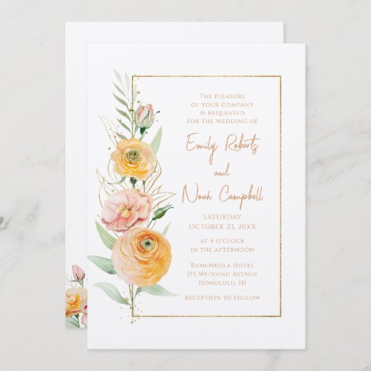 Rustiek Modern Oranje Geel Waterverf Bloemen Kaart (Voorkant / Achterkant)