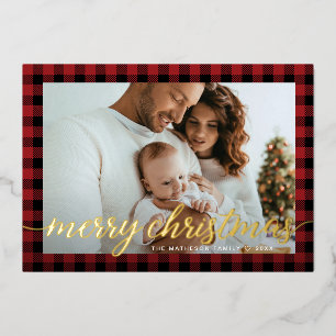 Rustiek Modern Rood zwart plaid foto Kerstmis Folie Feestdagenkaart