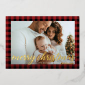 Rustiek Modern Rood zwart plaid foto Kerstmis Folie Feestdagenkaart (Voorkant)