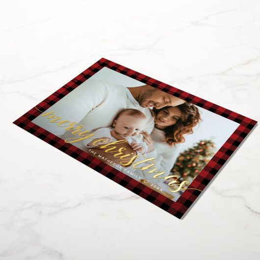 Rustiek Modern Rood zwart plaid foto Kerstmis Folie Feestdagenkaart (Gedraaid)