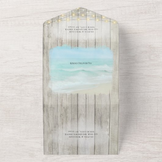 Rustiek Modern Script Strand Bruiloft All In One Uitnodiging (Buitenkant)