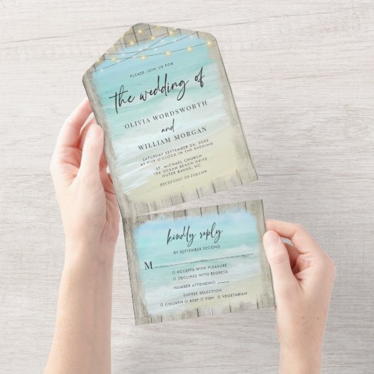 Rustiek Modern Script Strand Bruiloft All In One Uitnodiging (Afscheurbaar)