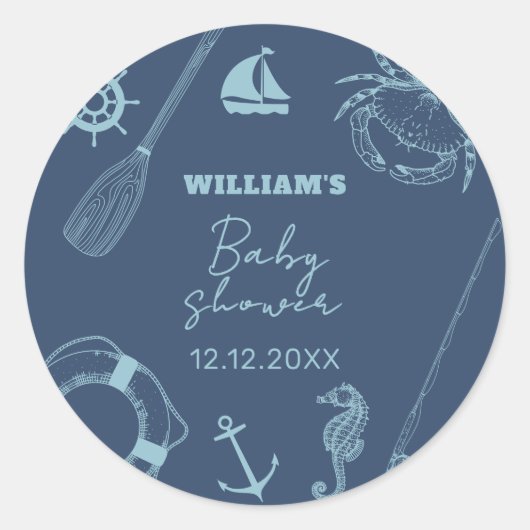Rustiek Modern Vissen Nautisch Boy Baby shower Ronde Sticker (Voorkant)