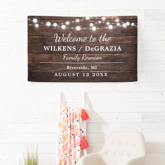 Rustiek Modern Welkom Familie Reünie String Lights Spandoek (Insitu)