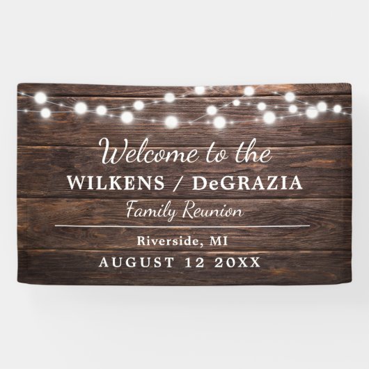 Rustiek Modern Welkom Familie Reünie String Lights Spandoek (Horizontaal)