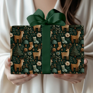 Rustiek Modern Woodland Herten & Pine Tree Kerstmi Cadeaupapier