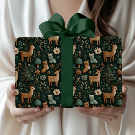 Rustiek Modern Woodland Herten & Pine Tree Kerstmi Cadeaupapier