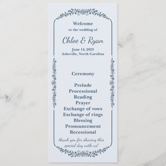 Rustiek monochroom bloemenhuwelijksprogramma programmakaart (Voorkant)