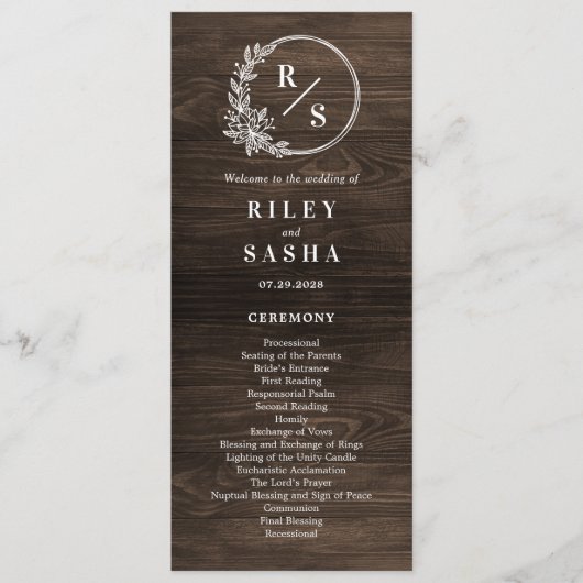 Rustiek Monogram bruiloft ceremonie plat programma Programmakaart (Voorkant)