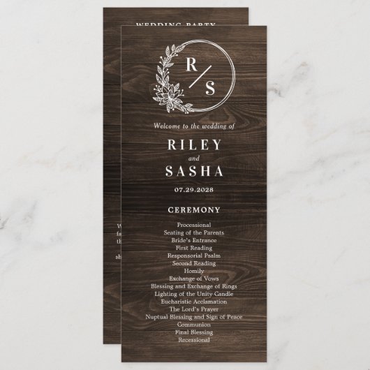 Rustiek Monogram bruiloft ceremonie plat programma Programmakaart (Voorkant / Achterkant)