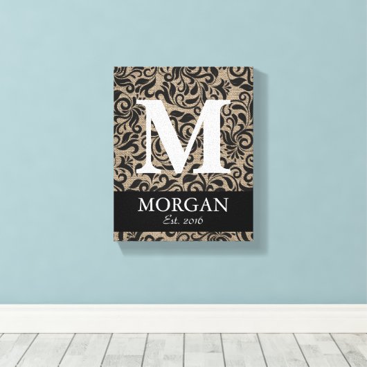 Rustiek Monogram Damask Burlap familienaam teken Canvas Afdruk (Insitu (Houten vloer))