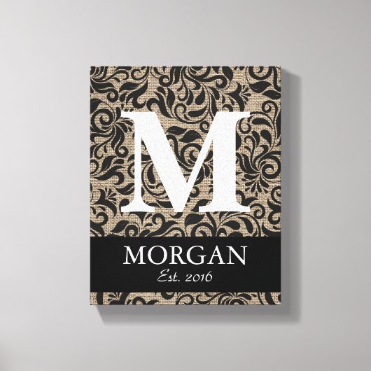 Rustiek Monogram Damask Burlap familienaam teken Canvas Afdruk (Voorkant)