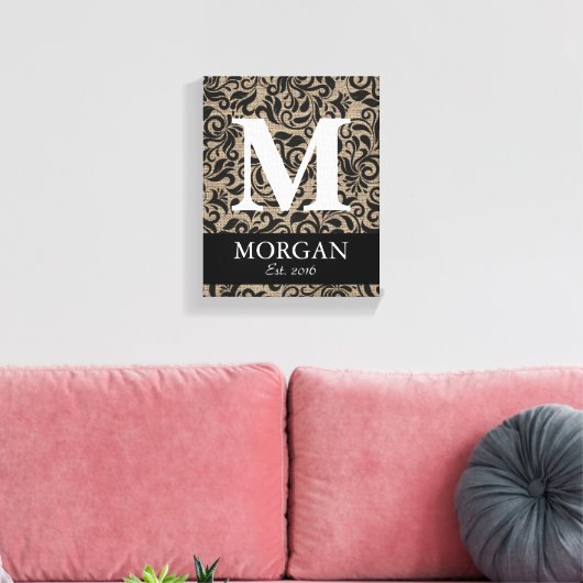 Rustiek Monogram Damask Burlap familienaam teken Canvas Afdruk (Insitu (Woonkamer))