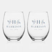 Rustiek monogram eenvoudig initiaal naam navy blau wijnglas zonder voet (Achterkant)