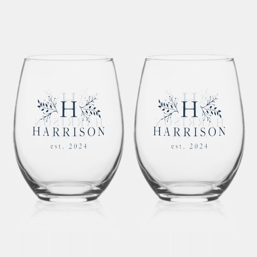 Rustiek monogram eenvoudig initiaal naam navy blau wijnglas zonder voet (Achterkant)