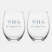 Rustiek monogram eenvoudig initiaal naam navy blau wijnglas zonder voet (Voorkant)