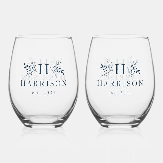 Rustiek monogram eenvoudig initiaal naam navy blau wijnglas zonder voet (Voorkant)