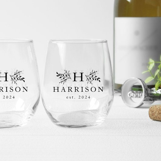 Rustiek monogram eenvoudig initiaal naam zwart typ wijnglas zonder voet