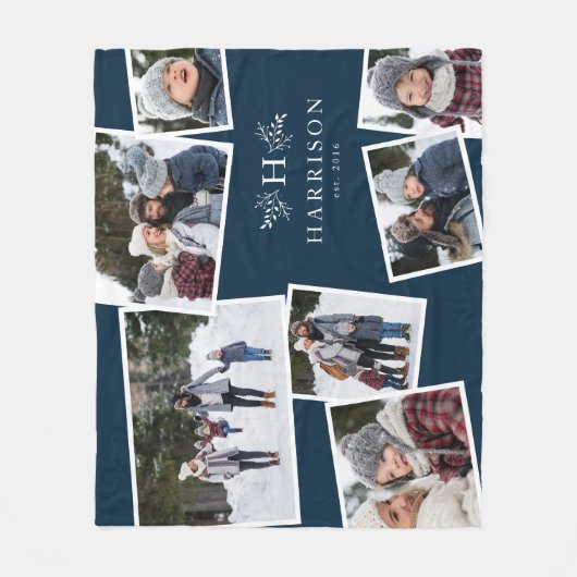 Rustiek monogram familie collage 7 foto marineblau fleece deken (Voorkant)