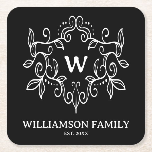 Rustiek Monogram Familienaam Zwart-wit Kartonnen Onderzetters (Voorkant)