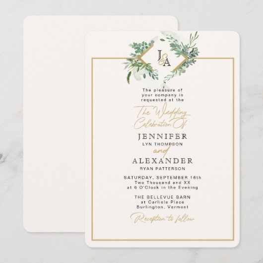 Rustiek Monogram Goud Groen Eucalyptus Huwelijk Kaart (Voorkant / Achterkant)
