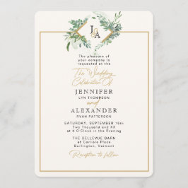 Rustiek Monogram Goud Groen Eucalyptus Huwelijk Kaart