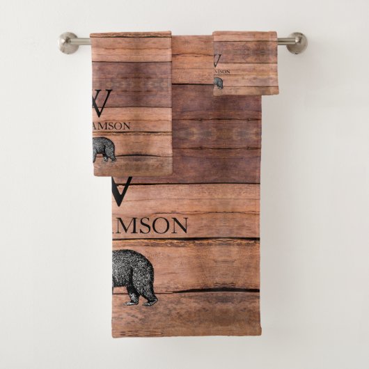 Rustiek Monogram Hout Beer Familienaam Bad Handdoek (Insitu)