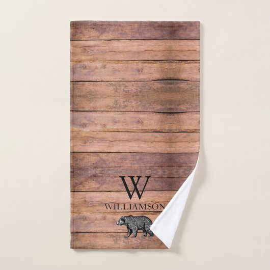 Rustiek Monogram Hout Beer Familienaam Bad Handdoek (Handdoek)