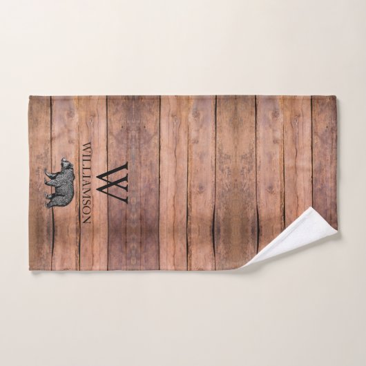 Rustiek Monogram Hout Beer Familienaam Bad Handdoek (Handdoek)