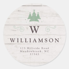 Rustiek Monogram Houten Kerstboom Retouradres Ronde Sticker
