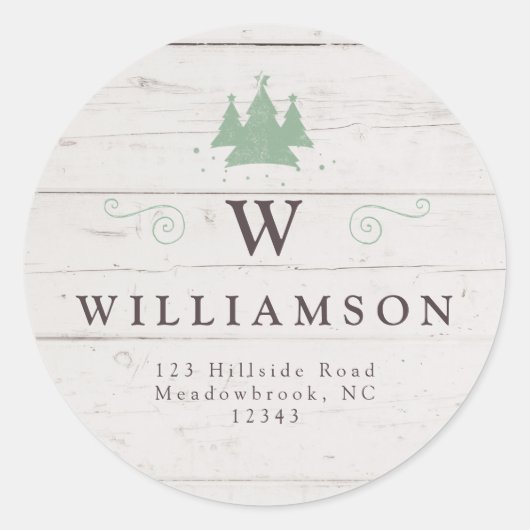 Rustiek Monogram Houten Kerstboom Retouradres Ronde Sticker (Voorkant)