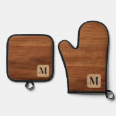 Rustiek Monogram Initiaal Bruin Houten Toon Ovenwant & Pannenlap Set (Voorkant)