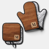 Rustiek Monogram Initiaal Bruin Houten Toon Ovenwant & Pannenlap Set (Voorkant / Achterkant)