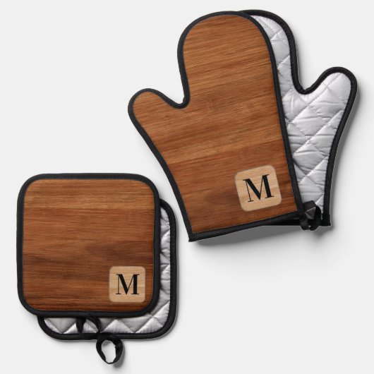 Rustiek Monogram Initiaal Bruin Houten Toon Ovenwant & Pannenlap Set (Voorkant / Achterkant)