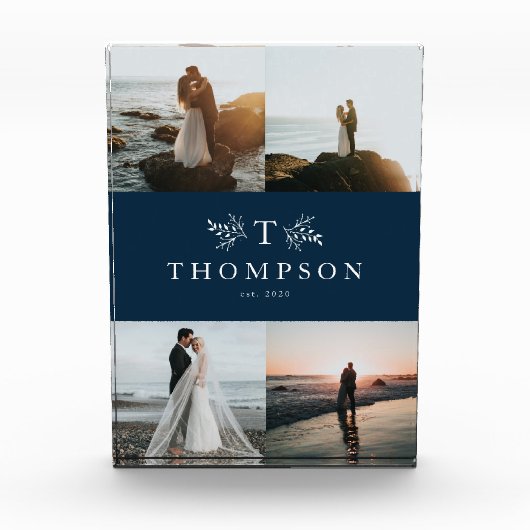 Rustiek monogram marine blauw pasgetrouwde collage fotoblokken (Voorkant)