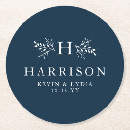 Rustiek monogram marineblauw eenvoudige klassieke  ronde kartonnen onderzetter