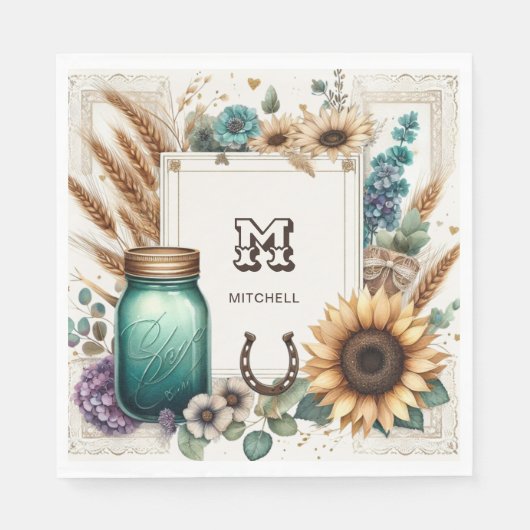Rustiek Monogram Mason Jar Zonnebloemen Servet (Voorkant)