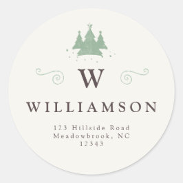Rustiek Monogram Naam Kerstboom Retouradres Ronde Sticker