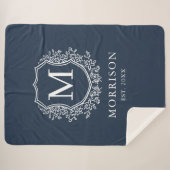 Rustiek Monogram Navy Blue Crest Pas getrouwd Wedd Sherpa Deken (Voorkant (horizontaal))