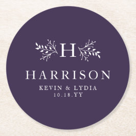 Rustiek monogram pruim paarse herfst winter bruilo ronde kartonnen onderzetter