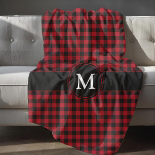 Rustiek monogram rood en zwart geruite patroon fleece deken
