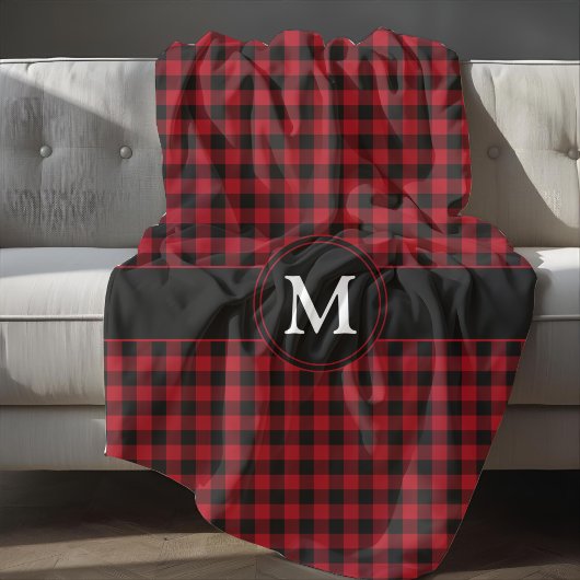Rustiek monogram rood en zwart geruite patroon fleece deken