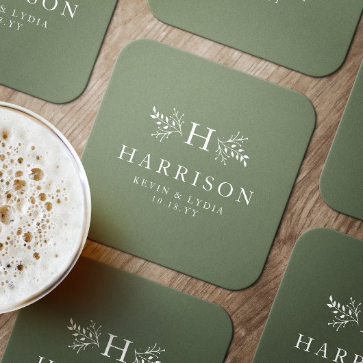 Rustiek monogram salie groen eenvoudige klassieke  ronde kartonnen onderzetter