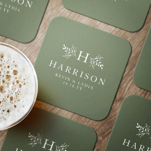 Rustiek monogram salie groen eenvoudige klassieke  ronde kartonnen onderzetter